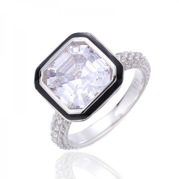 Anello Asscher E Zircone Cubico Bianco Con Smalto Nero In Argento Rodiato 