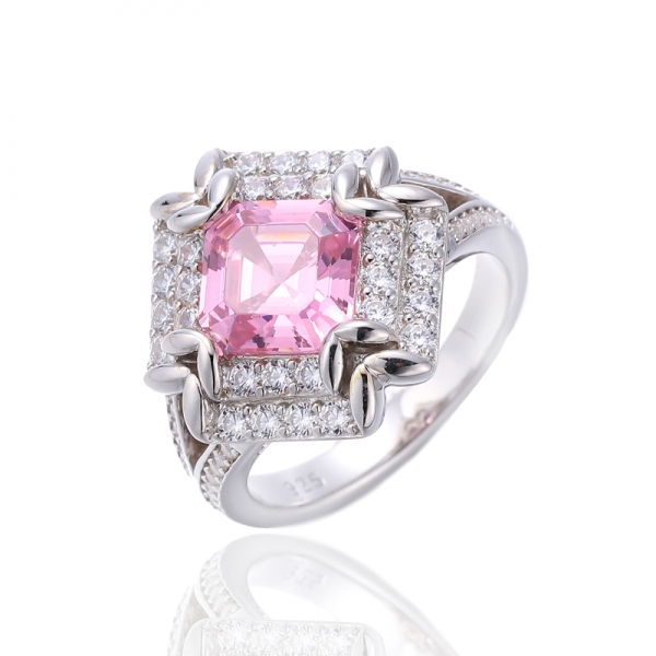 Anello Asscher in argento rodiato rosa e zirconi bianchi rotondi 