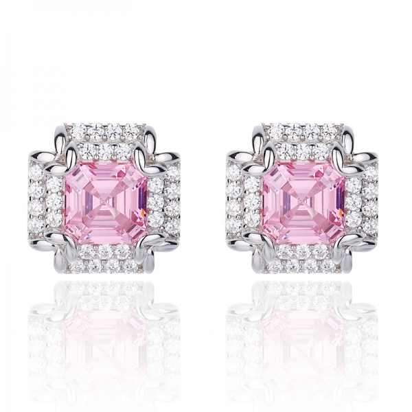 Orecchino Asscher in argento rodiato rosa e zirconi bianchi rotondi 