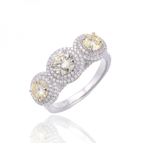 Round Diamond Yellow And White Cubic Zircon Rhodium Silver Ring 