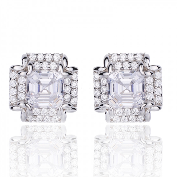 Asscher Pink And Round White Cubic Zircon Rhodium Silver Earring 