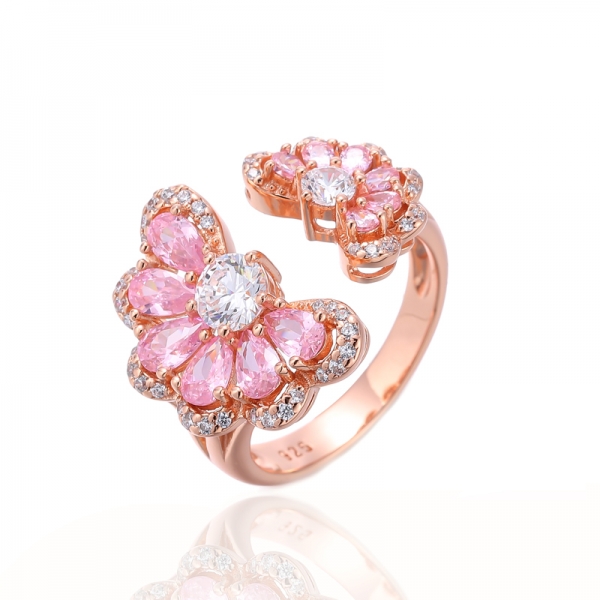 Anello aperto in argento con zirconi cubici bianchi rotondi e rosa a forma di pera con placcatura in oro rosa 