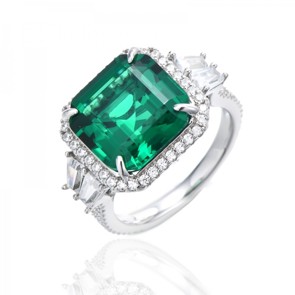 Anello Asscher in argento rodiato nano verde e zirconi bianchi 