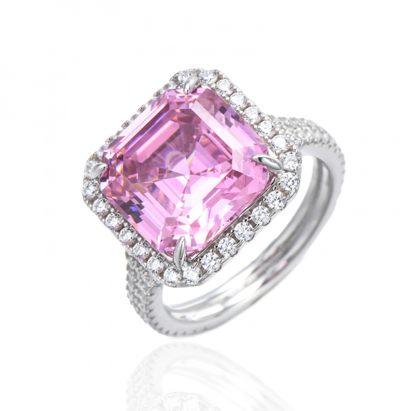 Anello Asscher in argento rodiato rosa e zirconi bianchi rotondi 