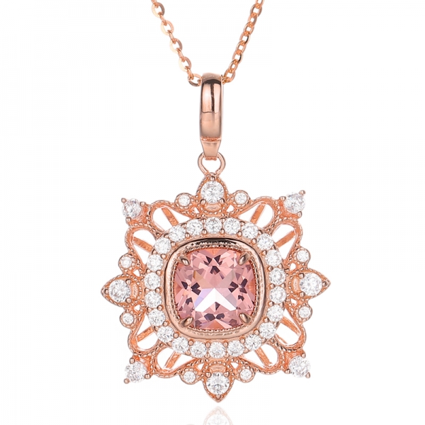 Cuscino in morganite nano e ciondolo in argento con zirconi cubici bianchi rotondi con placcatura in oro rosa 