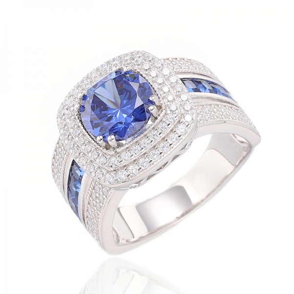 Anello rotondo in argento con zirconi cubici con tanzanite e anello quadrato in argento con nano rodio con tanzanite 