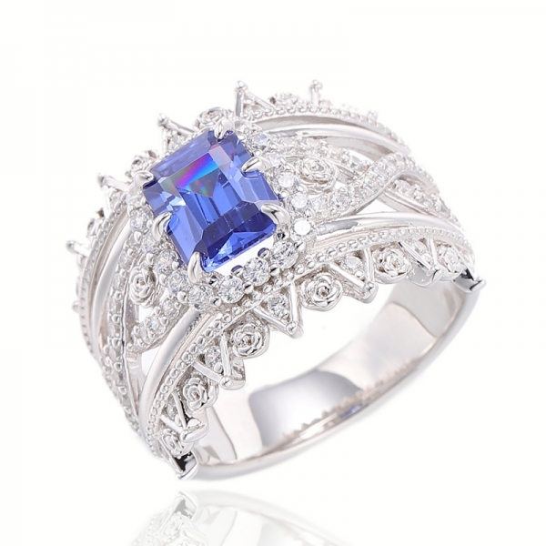 Anello rotondo in argento rodiato con zirconi cubici con tanzanite a forma di smeraldo bianco e rotondo 