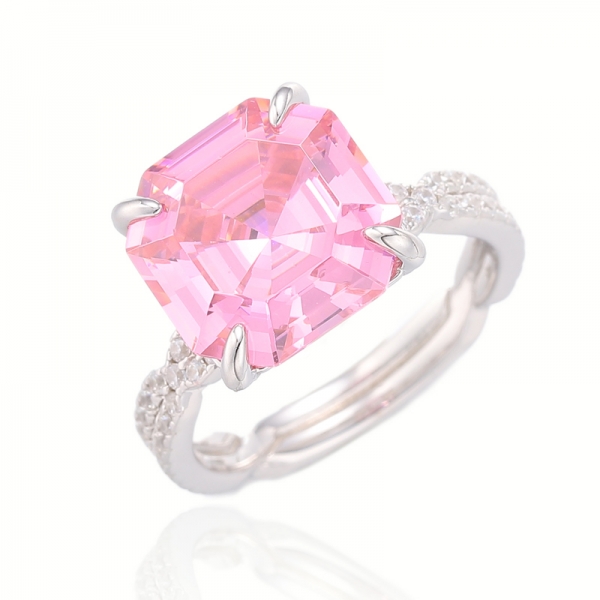 Anello Asscher in argento rodiato rosa e zirconi bianchi rotondi 