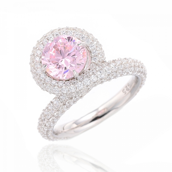 Anello in argento rodiato con diamante tondo rosa e zirconi bianchi rotondi 