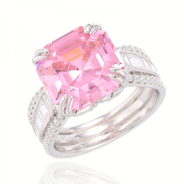 Anello Asscher in argento rodiato rosa e baguette con zirconi bianchi 