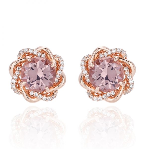 Orecchino rotondo in argento con morganite nano e zirconi bianchi con placcatura in oro rosa 