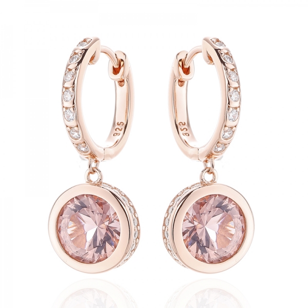 Orecchino in argento 925 con morganite rotonda nano e zirconi cubici bianchi con placcatura in oro rosa 