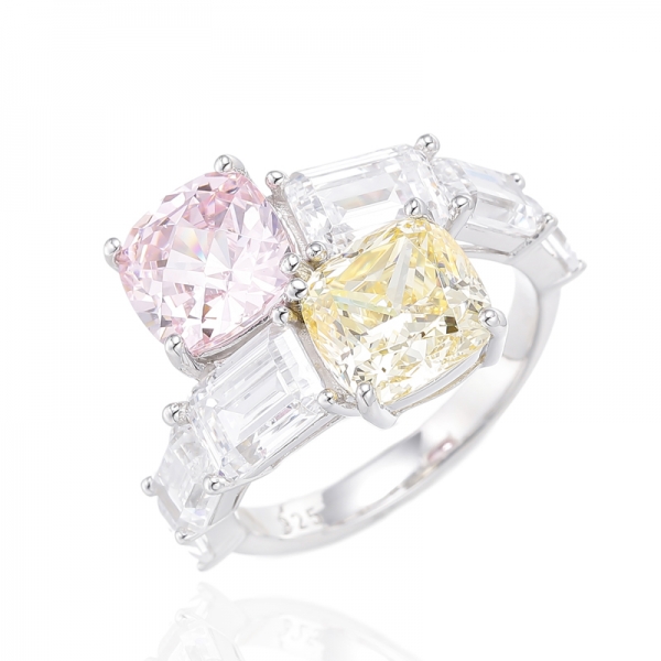 Anello in argento con morganite nano e smeraldo bianco con zirconi cubici a forma di cuscino con placcatura in oro rosa 