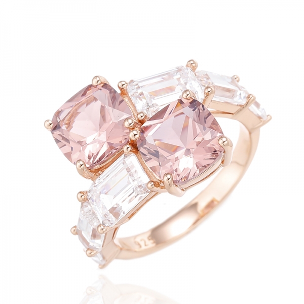 Anello in argento con morganite nano e smeraldo bianco con zirconi cubici a forma di cuscino con placcatura in oro rosa 