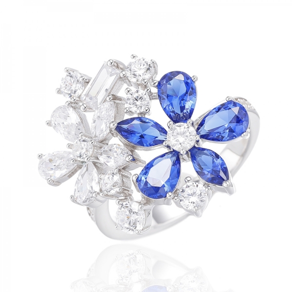 Anello in argento nano blu a forma di marquise e pera con zirconi bianchi placcati rodio 