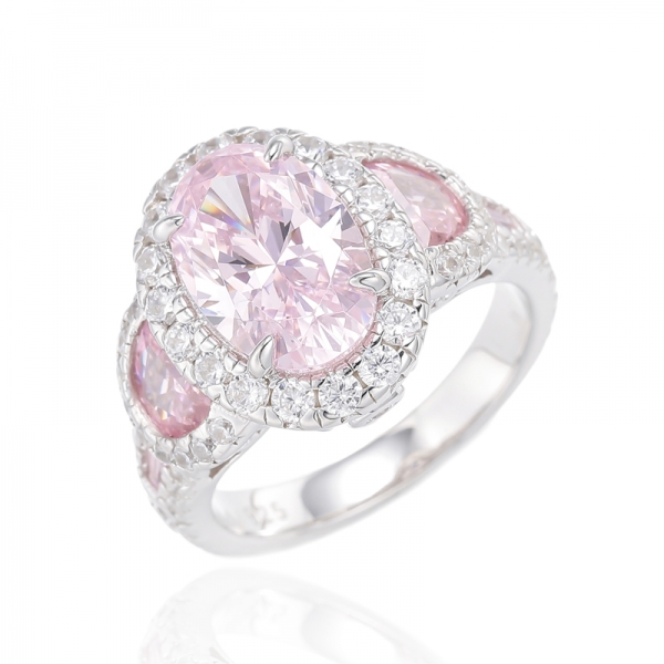 Anello in argento placcato rodio con zirconi cubici rosa e forma ovale con diamante rosa e mezza luna 