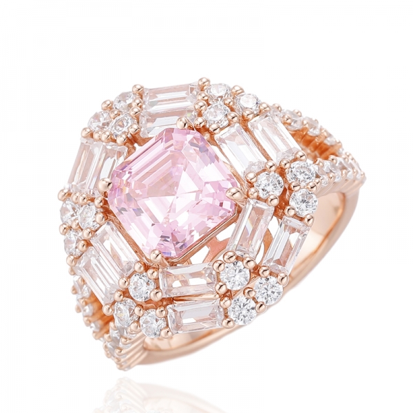 Anello Asscher In Argento Rosa E Baguette Bianco Con Placcatura In Oro Rosa 