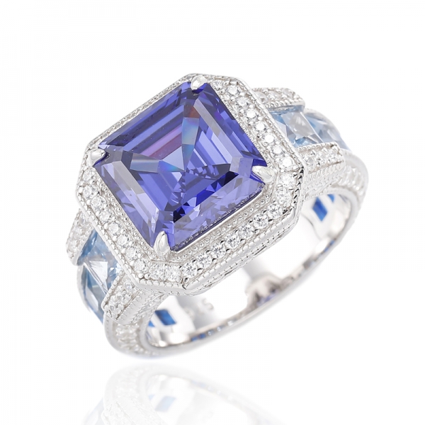 Anello Asscher in argento rodiato con tanzanite e zirconi cubici quadrati 