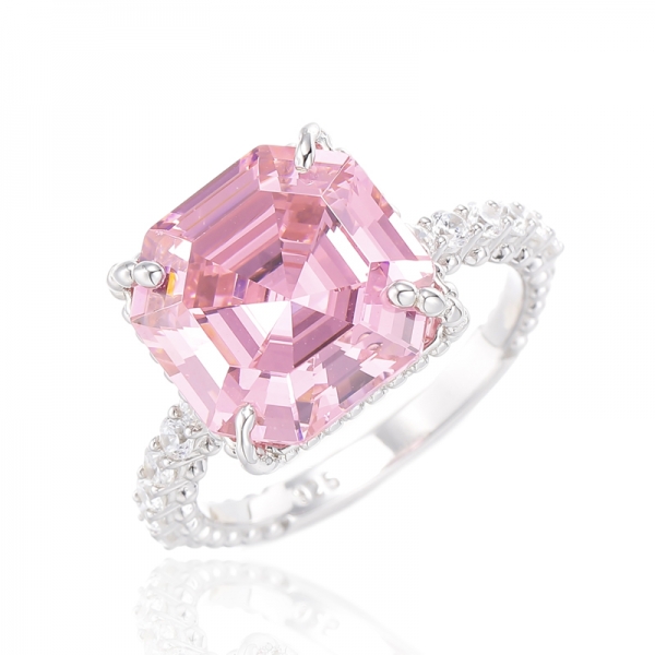 Anello Asscher in argento placcato rodio con zirconi bianchi rotondi e rosa 