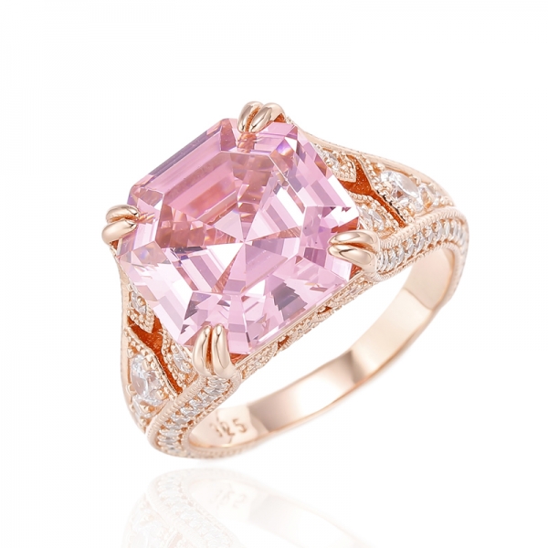 Anello in argento 925 Asscher con zirconi cubici bianchi rotondi e rosa con placcatura in oro rosa 