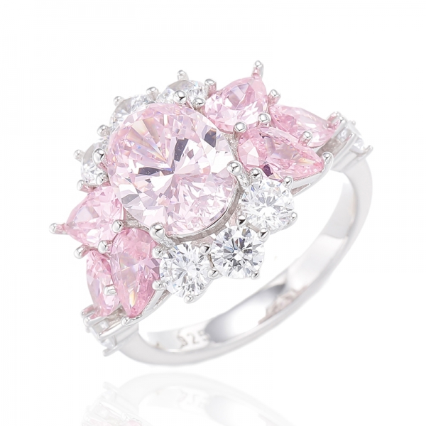 Anello in argento placcato rodio con zirconi cubici rosa e forma ovale con diamante rosa e forma a pera 