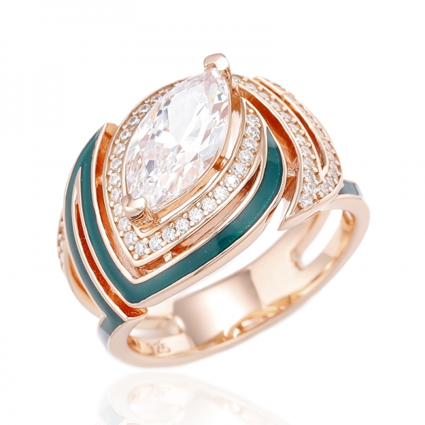 Anello in argento con smalto verde e zirconi bianchi marquise con placcatura in oro rosa 