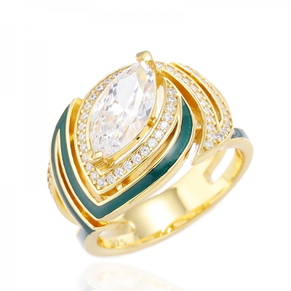 Anello in argento con smalto verde e zirconi bianchi marquise con placcatura in oro rosa 