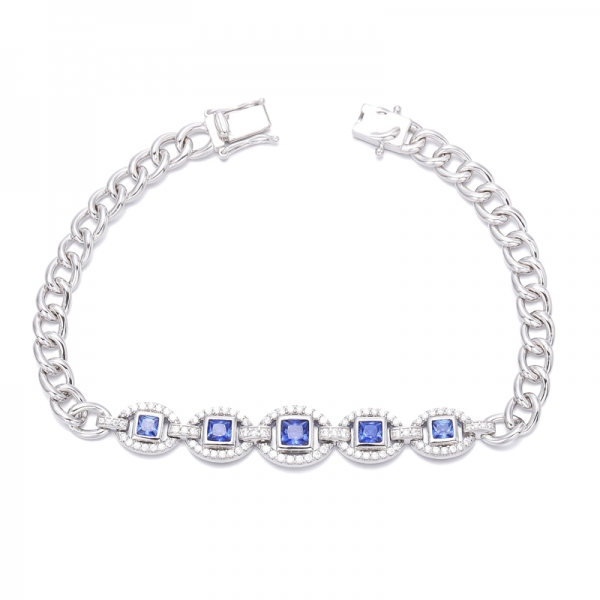 Bracciale quadrato in argento rodiato con nano blu e zirconi cubici bianchi rotondi 