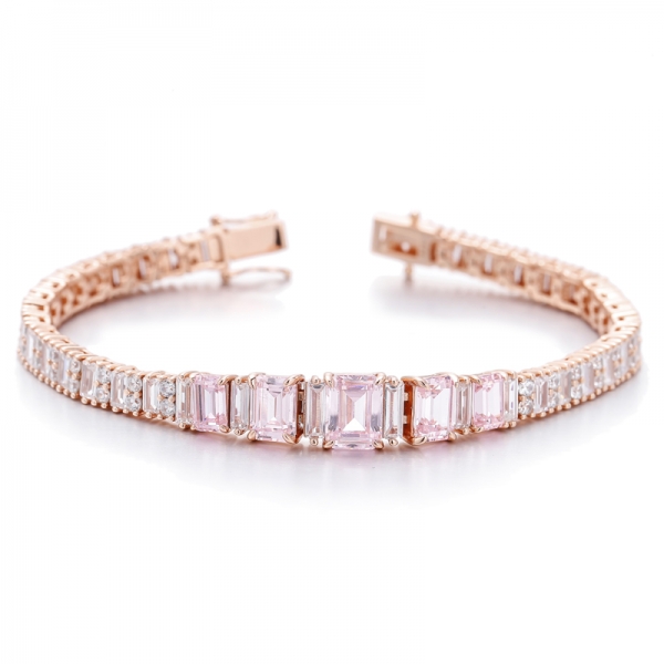 Bracciale in argento con diamanti taglio smeraldo rosa e zirconi bianchi baguette con placcatura in oro rosa 