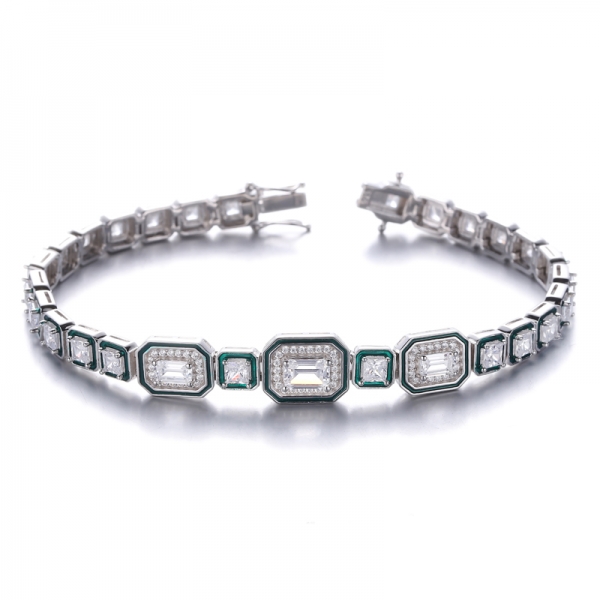 Bracciale in argento rodiato con zirconi bianchi quadrati e taglio smeraldo con smalto verde 