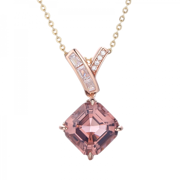 Asscher Morganite Nano e pendente in argento con zirconi cubici bianchi baguette con placcatura in oro rosa 