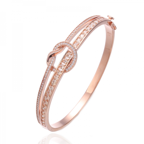 Bracciale rigido in argento con champagne quadrato e zirconi bianchi rotondi con placcatura in oro rosa 