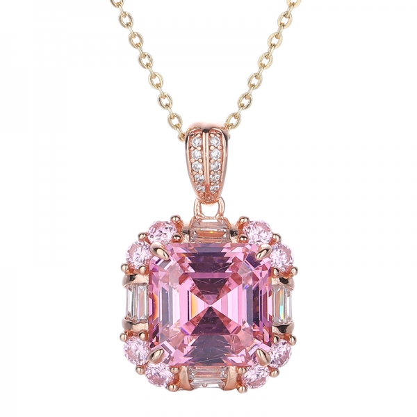 Ciondolo in argento con zirconi cubici bianchi Asscher rosa e baguette con placcatura in oro rosa 