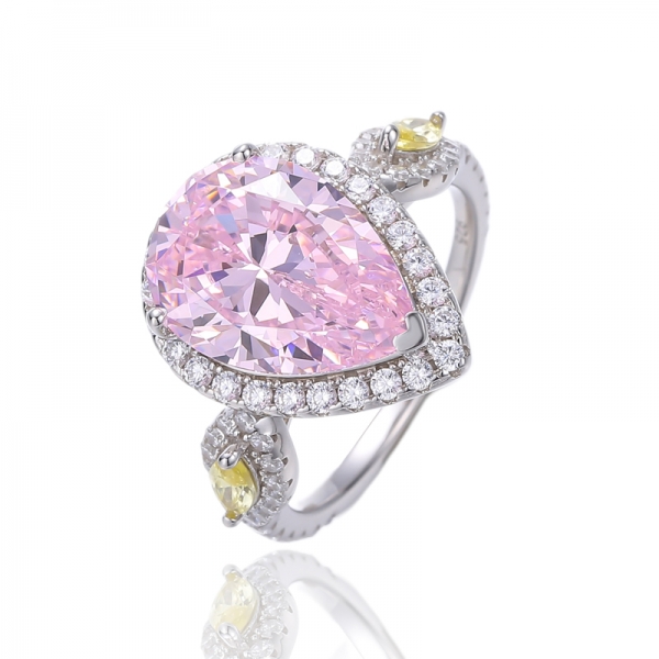 Anello in argento rodiato con zirconi cubici gialli e rosa con diamanti a forma di pera 