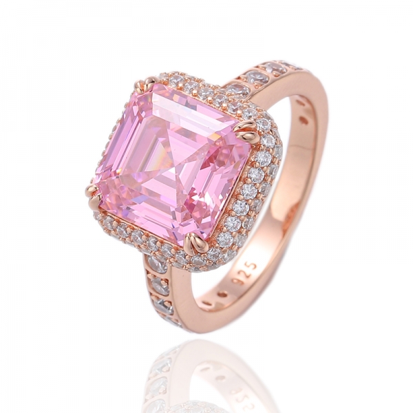 Anello Asscher in argento con zirconi cubici bianchi rotondi e rosa con placcatura in oro rosa 