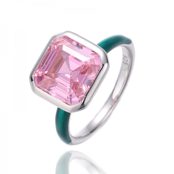 Anello Asscher in argento rodiato con zirconi rosa e smalto verde 