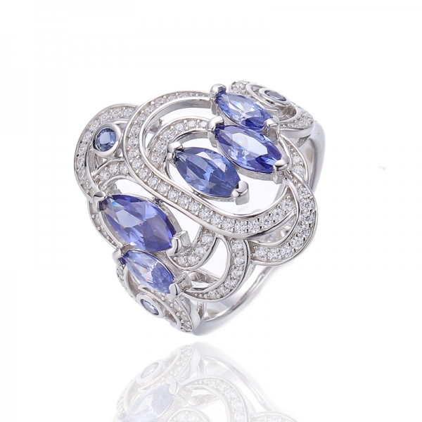 Anello marchesa con zirconi cubici di tanzanite e anello rotondo in argento nano rodiato con tanzanite 