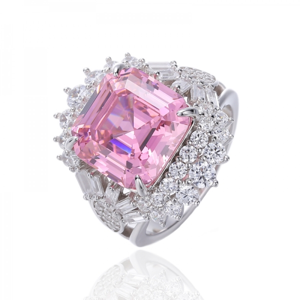 Anello Asscher in argento placcato rodio con zirconi bianchi rosa e baguette 