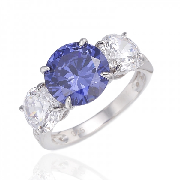 Anello in argento rodiato con tanzanite rotonda 925 e zirconi bianchi 