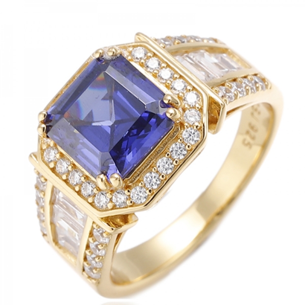 Anello Asscher in argento placcato oro con tanzanite e baguette con zirconi bianchi 