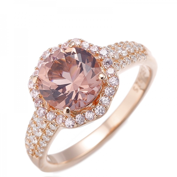 Anello rotondo in argento con morganite nano e zirconi cubici rosa con placcatura in oro rosa 