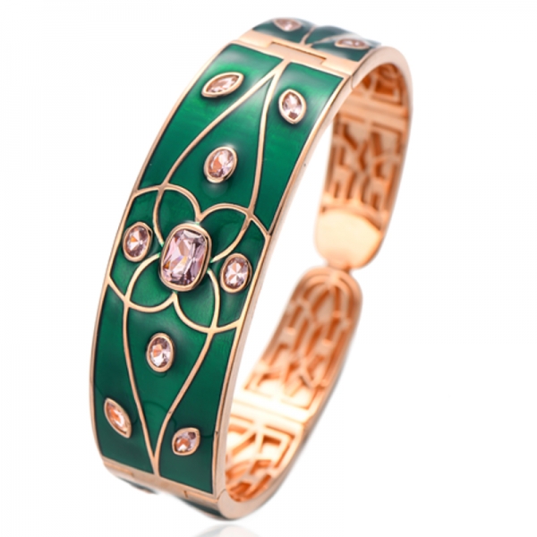 Bracciale rigido in argento placcato oro rosa nano con morganite a forma di cuscino e ovale con smalto verde 