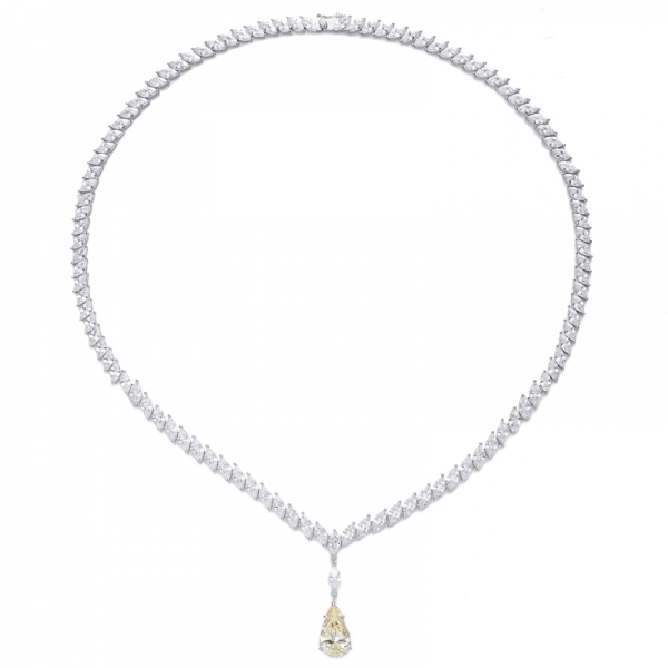 pear shape diamond yellow and marquise white cubic zircon rhodium plating silver necklace 