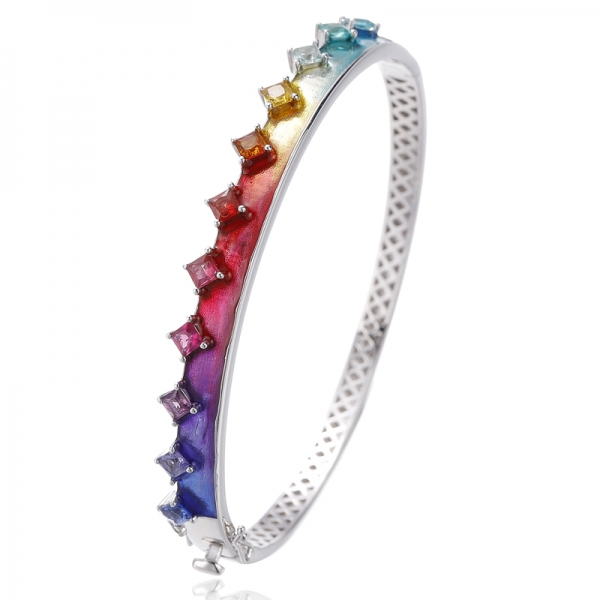 Bracciale in argento rodiato con zirconi cubici quadrati arcobaleno e smalto arcobaleno 
