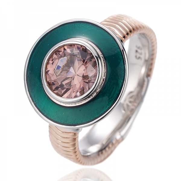 Anello rotondo in argento con zircone cubico bianco e smalto nero con placcatura bicolore 
