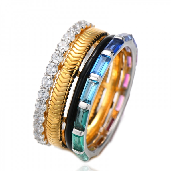 Anello in argento con zircone cubico arcobaleno rotondo e smalto nero con placcatura bicolore 