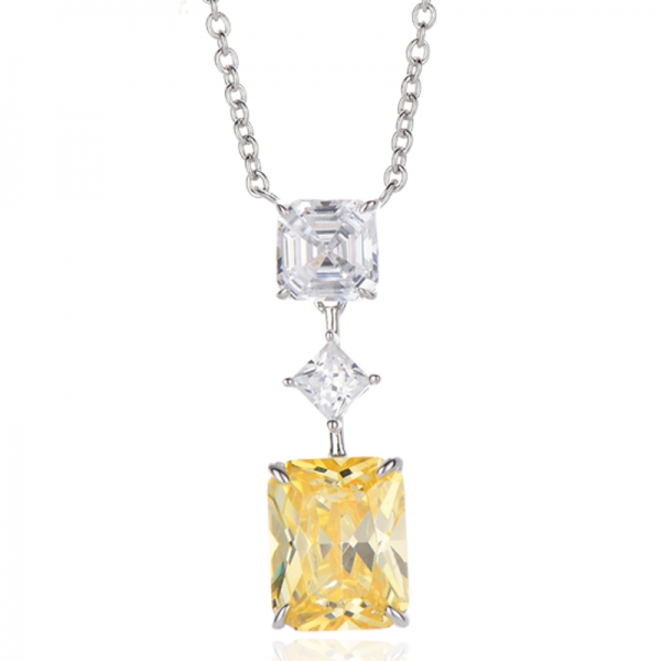 Collana in argento rodiato con zirconi cubici gialli e bianchi Asscher e diamanti ottagonali 