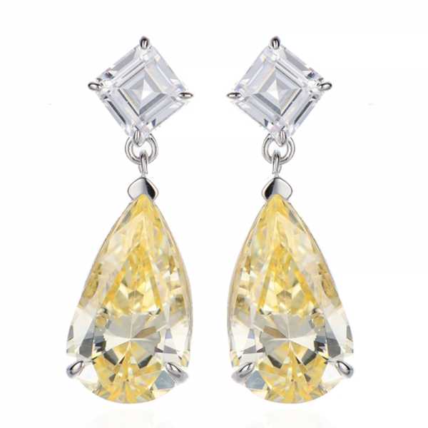 Orecchino in argento rodiato con zirconi cubici gialli e bianchi Asscher a forma di pera 
