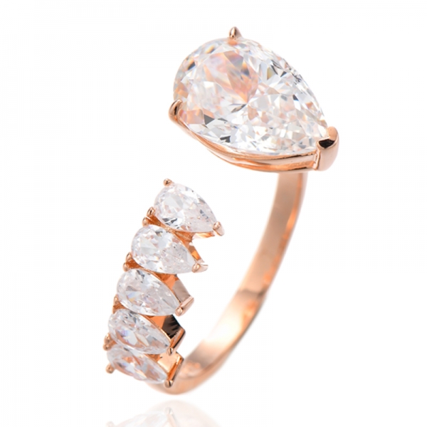 Anello aperto in argento rodiato con zirconi cubici gialli e bianchi a forma di pera e diamanti 