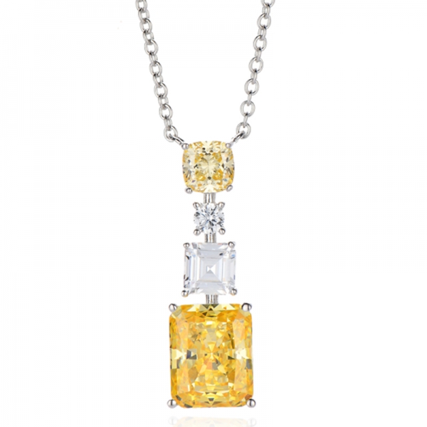 Collana in argento rodiato con zirconi cubici gialli e diamanti a forma di ottagono e cuscino 
